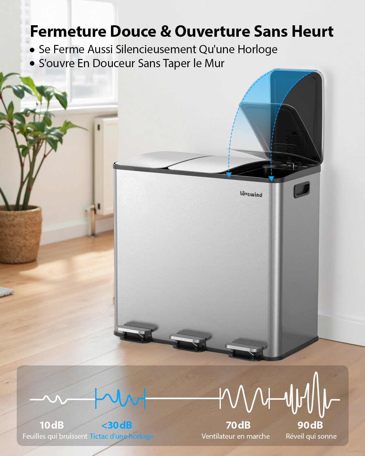 Poubelle de cuisine 60 L (3 x 20 L) en acier inoxydable, poubelle et bac de recyclage combinés avec couvercle à fermeture douce, poubelle à pédale à double compartiment pour recyclage, argenté