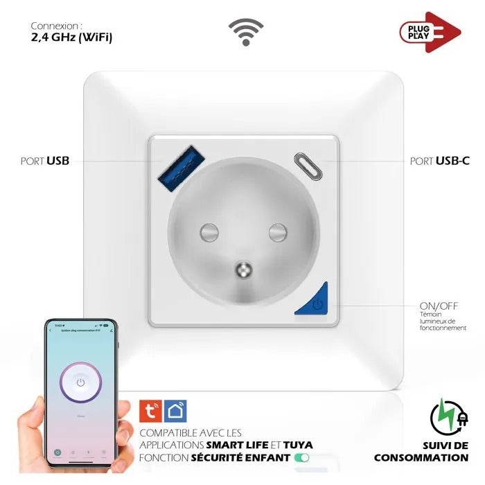 KYF Multiprise encastrée connectée Wi‑Fi pour l'intérieur avec compteur d'énergie et ports USB/USB‑C