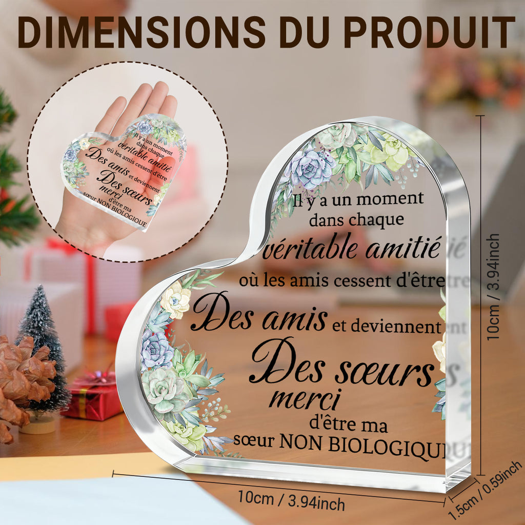 Alphynix 1 pc Plaque Cœur French Sisterhood, "Merci d'être ma sœur non biologique" Cadeau en cristal avec fleurs succulentes peintes à la main, Souvenir d'amitié spirituelle pour sœur d'âme