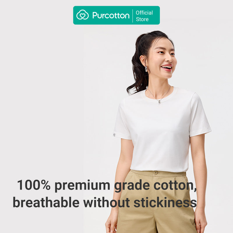Purcotton T-shirt Femme Col Rond Antibactérien - Confortable & Doux Pour La Peau - Polyvalent & Basique - Commutation Quotidienne - Blanc - 165/88A