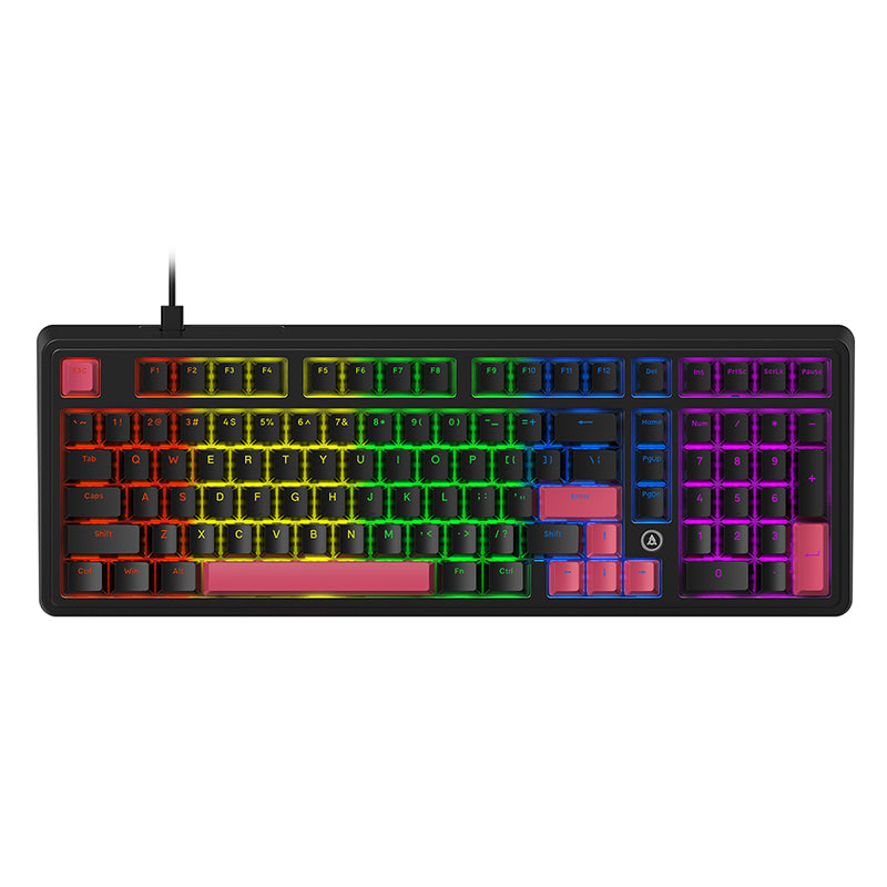 AJAZZ AK980 Clavier mécanique filaire 98 %, disposition QWERTY américaine, montage sur joint, rétroéclairage arc-en-ciel - Prise en charge du remplacement à chaud - Commutateur rouge - Noir et rouge