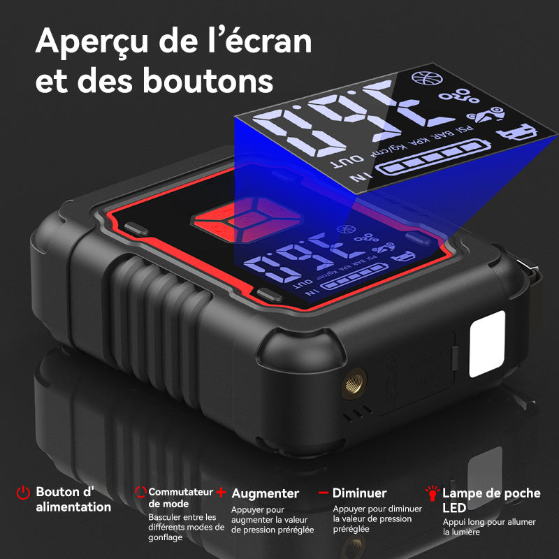 Porbi X9 Démarreur avec Compresseur d'Air 3000A Démarreur Portable de Voiture, Booster de Batterie 20000mAh & Gonfleur de Pneus 150PSI