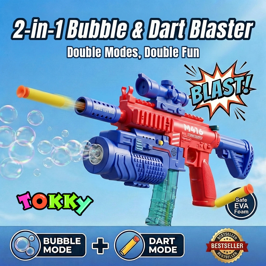 Tokky Pistolet Jouet 2-en-1 pour Enfants, Machine à Bulles Entièrement Automatique et Lanceur de Pistolet à Fléchettes Souples à Ventouse