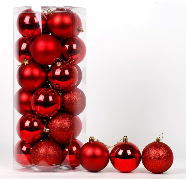 Ju7cer 24 boules de Noël incassables, 6 cm/2,36 pouces, guirlande prête à suspendre pour sapin de Noël, convient pour Noël/Halloween/mariages/anniversaires (rouge)