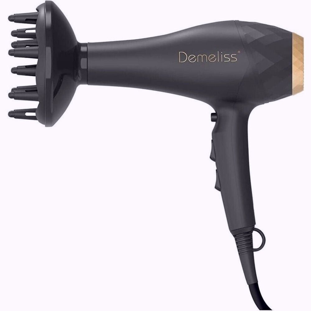 Demeliss Saint Algue Série Professionnelle Salon 2200 Sèche-cheveux - Ionique Tourmaline - Anti-frisottis - 2 vitesses, 3 températures - Moteur AC puissant - Diffuseur + Concentrateur - Noir