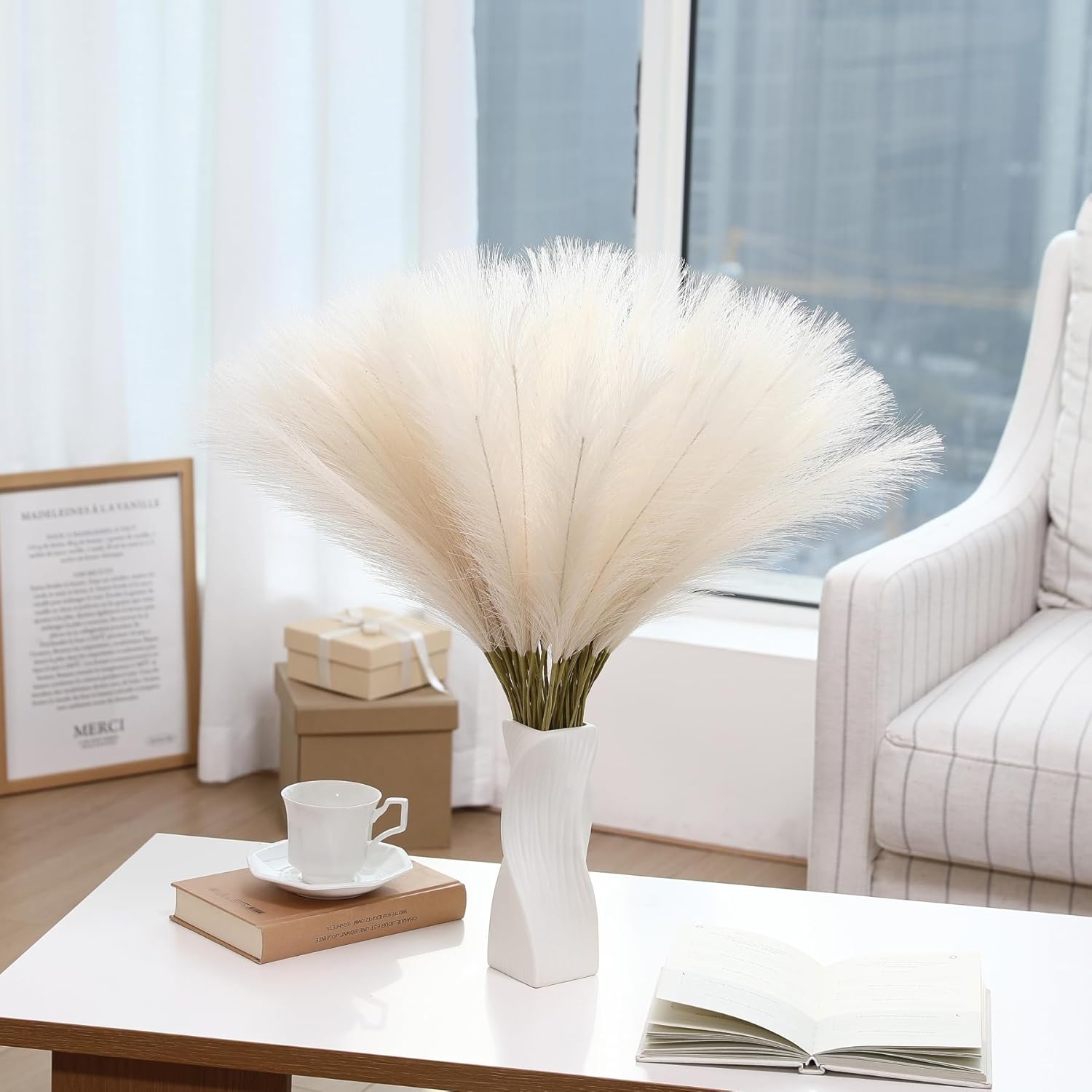 Yuejia 10 pièces 18,89 po / 48 cm Fleurs séchées artificielles, fausses plantes, décorations d’automne, décoration bohème, décoration de maison pour Halloween, Noël, mariages, fêtes, loisirs créatifs, vase, intérieur et extérieur (Beige)