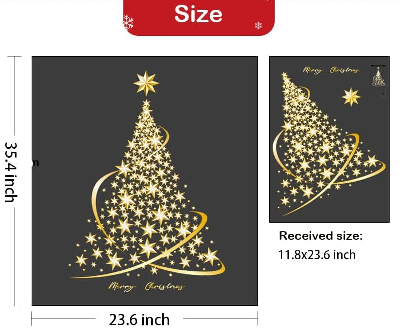 Ju7cer Lot de 2 autocollants de sapin de Noël - Grand sapin de Noël doré - Peut être utilisé pour décorer les murs, les fenêtres et les vitrines - Autocollants pour fenêtres