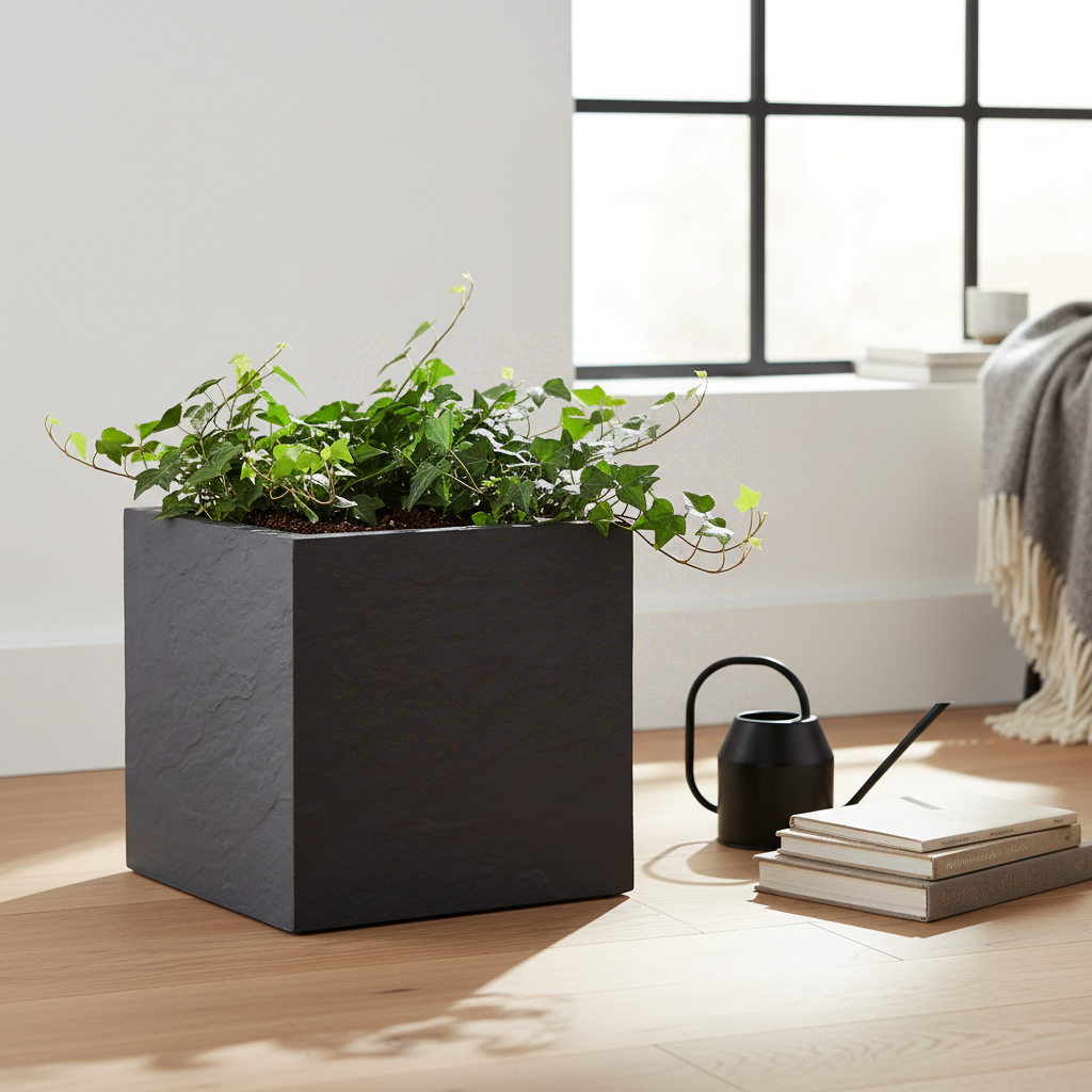 EDA Pot Carré VOLCANIA UP Gris anthracite Avec zone de rétention d'eau Dim. 29,5 x 29,5 x 29,5 cm - Volume 21 L