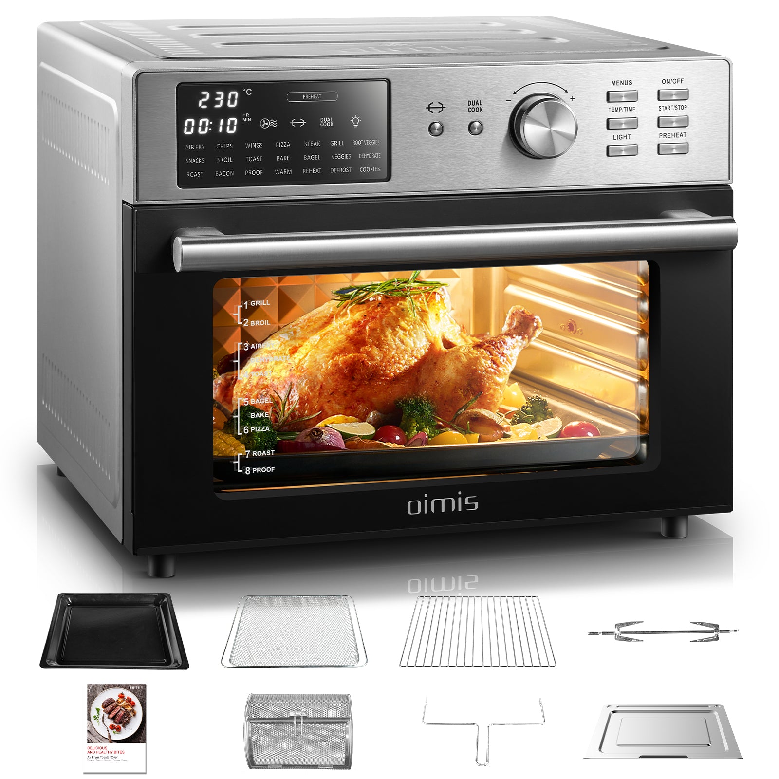 OIMIS Four friteuse à air intelligent en acier inoxydable, 30 L extra-large, 1800 W, 21 programmes, combiné four grille-pain avec rôtissoire et déshydrateur, pour pizza de 33 cm, argenté