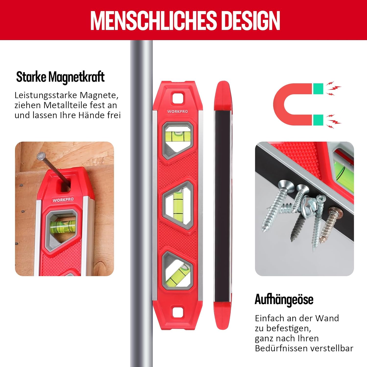 WORKPRO Niveau à bulle magnétique mini torpédo avec 3 niveaux 45°/90°/180° - 23 cm