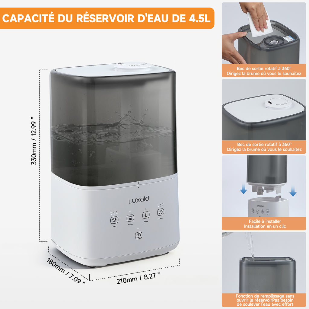 Luxaid Humidificateur Brume Froide/Chaude 4,5L, Jusqu'à 47m², Remplissage Par Le Haut, Commande Tactile, Minuterie 4/8/12h, Mode Silencieux 20dB, Buse 360°, Fonction Aromathérapie pour Chambre