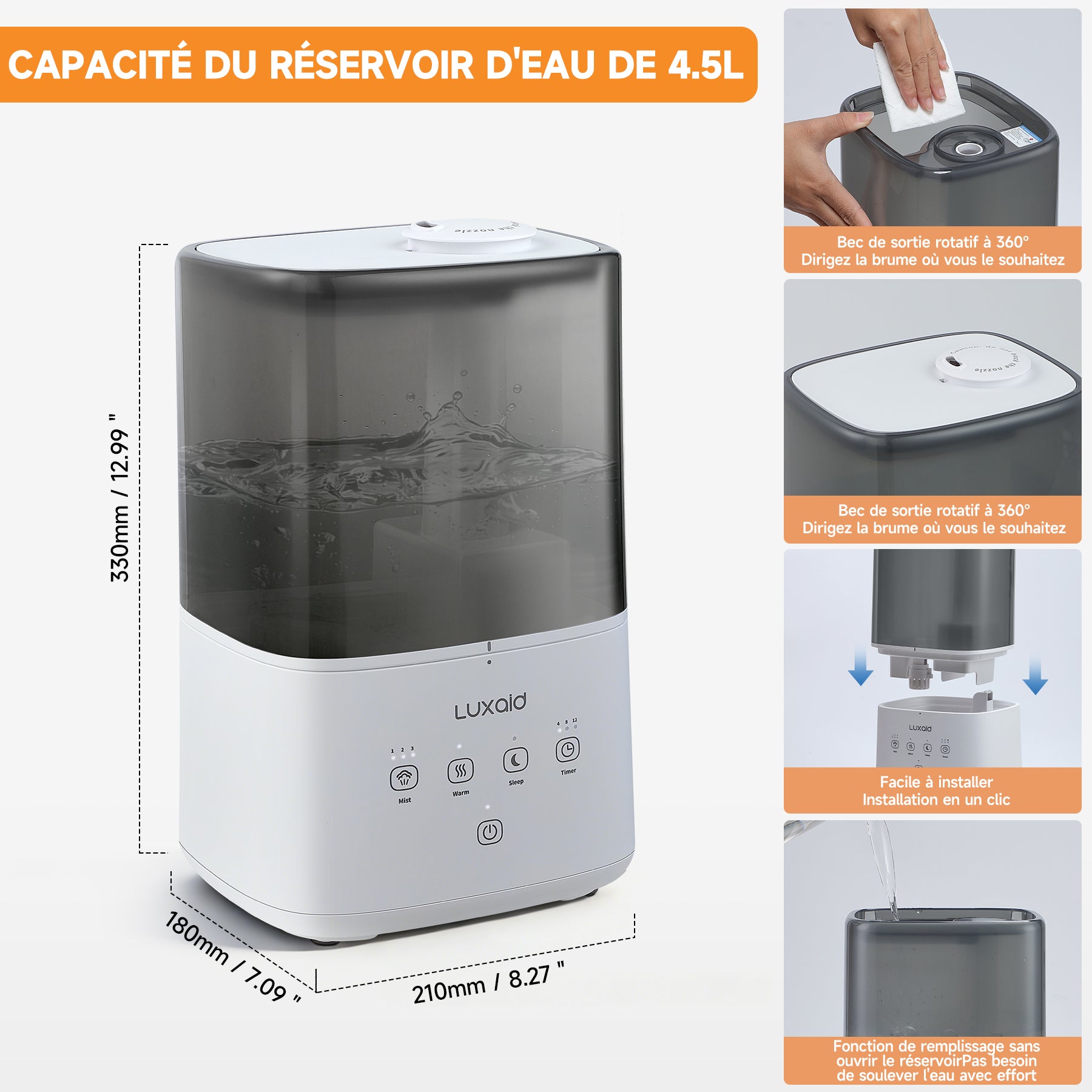 Luxaid Humidificateur Brume Froide/Chaude 4,5L, Jusqu'à 47m², Remplissage Par Le Haut, Commande Tactile, Minuterie 4/8/12h, Mode Silencieux 20dB, Buse 360°, Fonction Aromathérapie pour Chambre