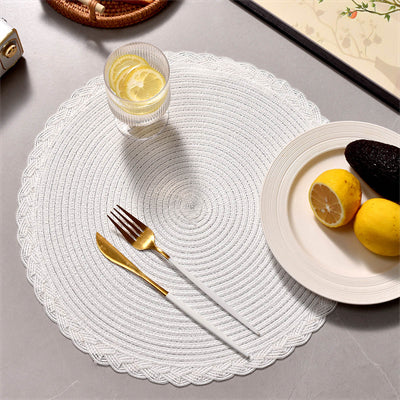 Lot de 6 Sets de table ronds tressés 38 cm, Anneau extérieur patchwork polyester à trois brins Blanc, Antidérapants, Pour maison, cuisine et table à manger, Parfaits pour fêtes