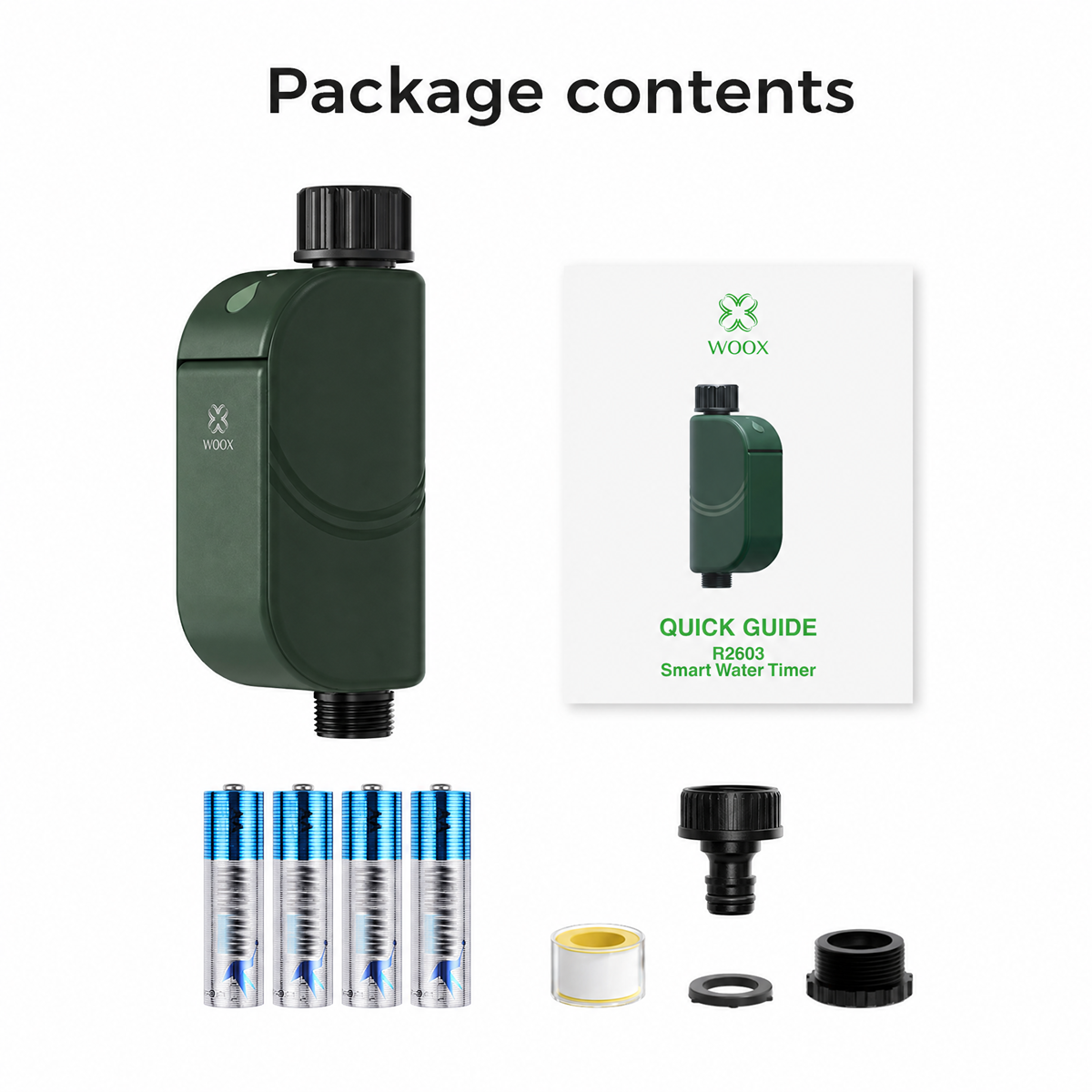 WOOX Minuteur d'arrosage intelligent R2603 Vert WiFi 6 2,4 GHz BLE 5,4 IP65 Contrôleur d'irrigation extérieur pour jardin Valves à solénoïde bistables Piles 4xAA Autonomie de 1,5 an 20 programmes Départ différé Anti-enfant Alexa Google 175x78x43,6 mm
