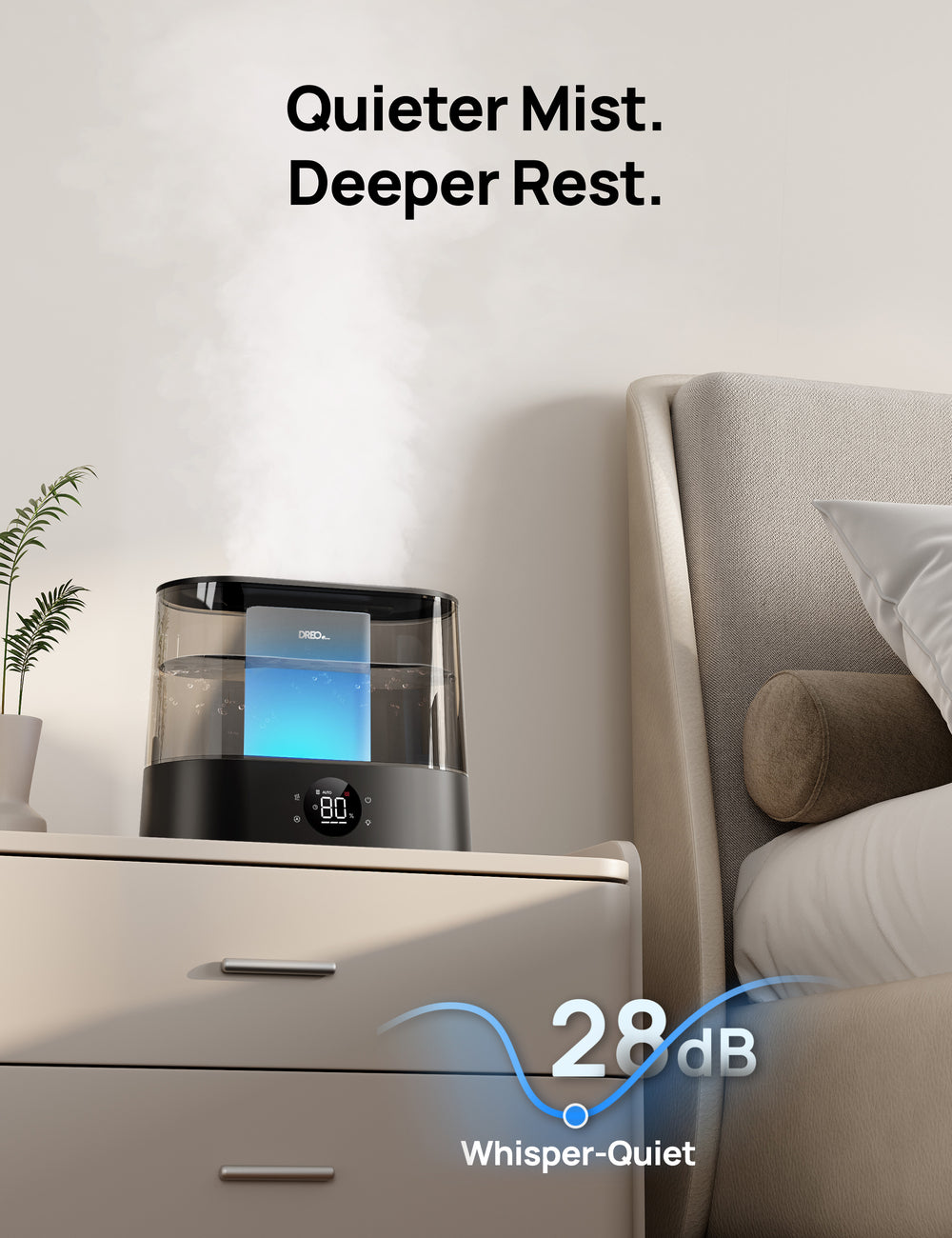 DREO Humidificateur ultrasonique intelligent – Réservoir d’eau 4 L, Autonomie 30 h, Contrôle intelligent par application, 6 niveaux de brume, Ultra-silencieux, Diffuseur d’arômes