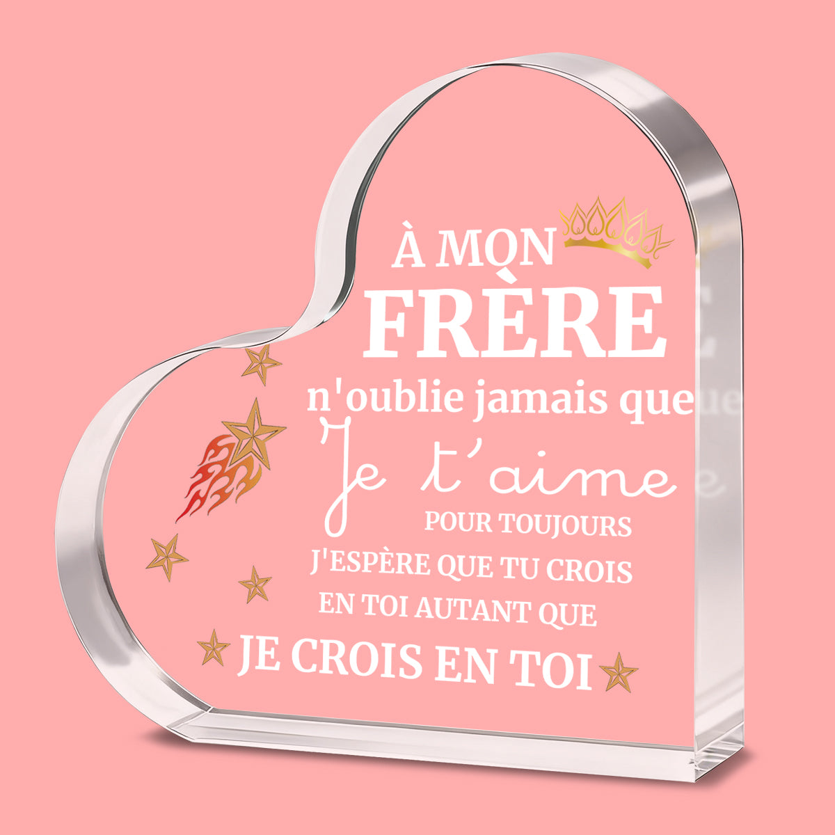 Alphynix 1 pc plaque en cristal cœur, "MON FRÈRE" cadeau français avec motif couronne et étoiles, Souvenir frère émouvant avec message "Je t'aime pour toujours", Cadeau d'encouragement pour frère