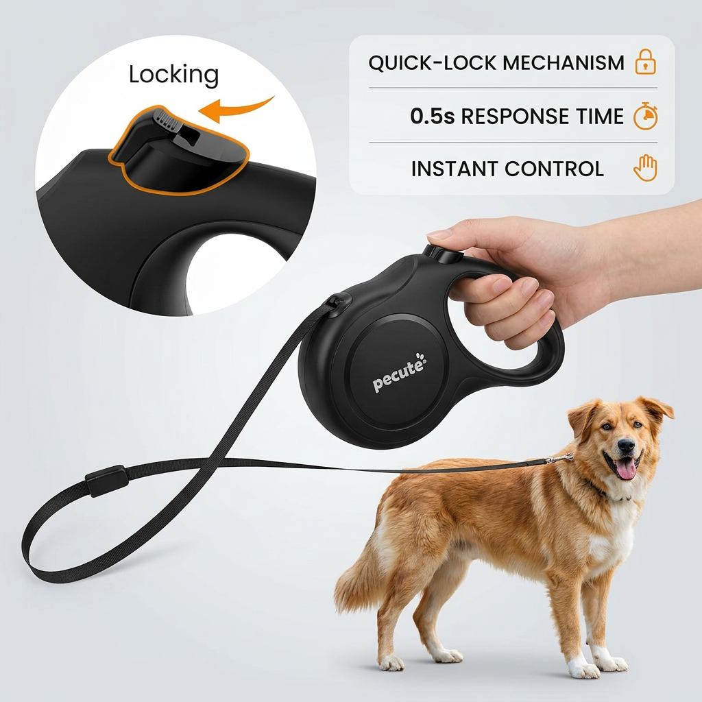 Pecute Série Instant-Control Laisse pour chien rétractable 8 m avec câble en acier anti-morsure 50 cm et distributeur de sacs à déjections - Noir