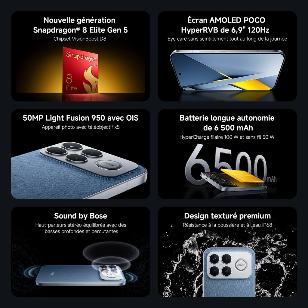 POCO F8 Ultra Bleu Denim 12 Go RAM 256 Go ROM eSIM, Double SIM, NFC