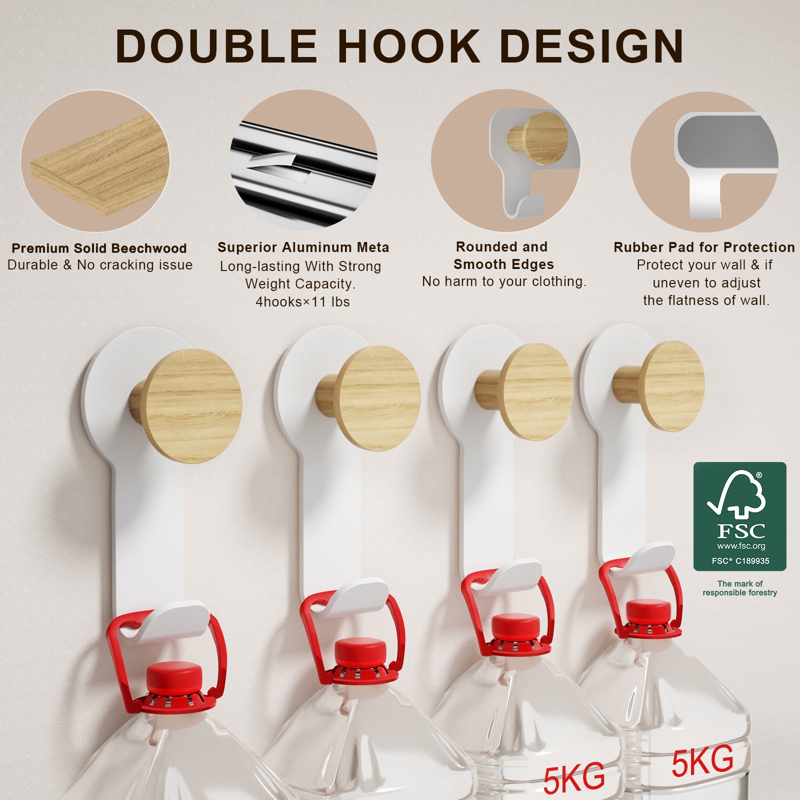 KAPANOU Lot de 8 porte-manteaux muraux en bois avec support métallique robuste - Blanc