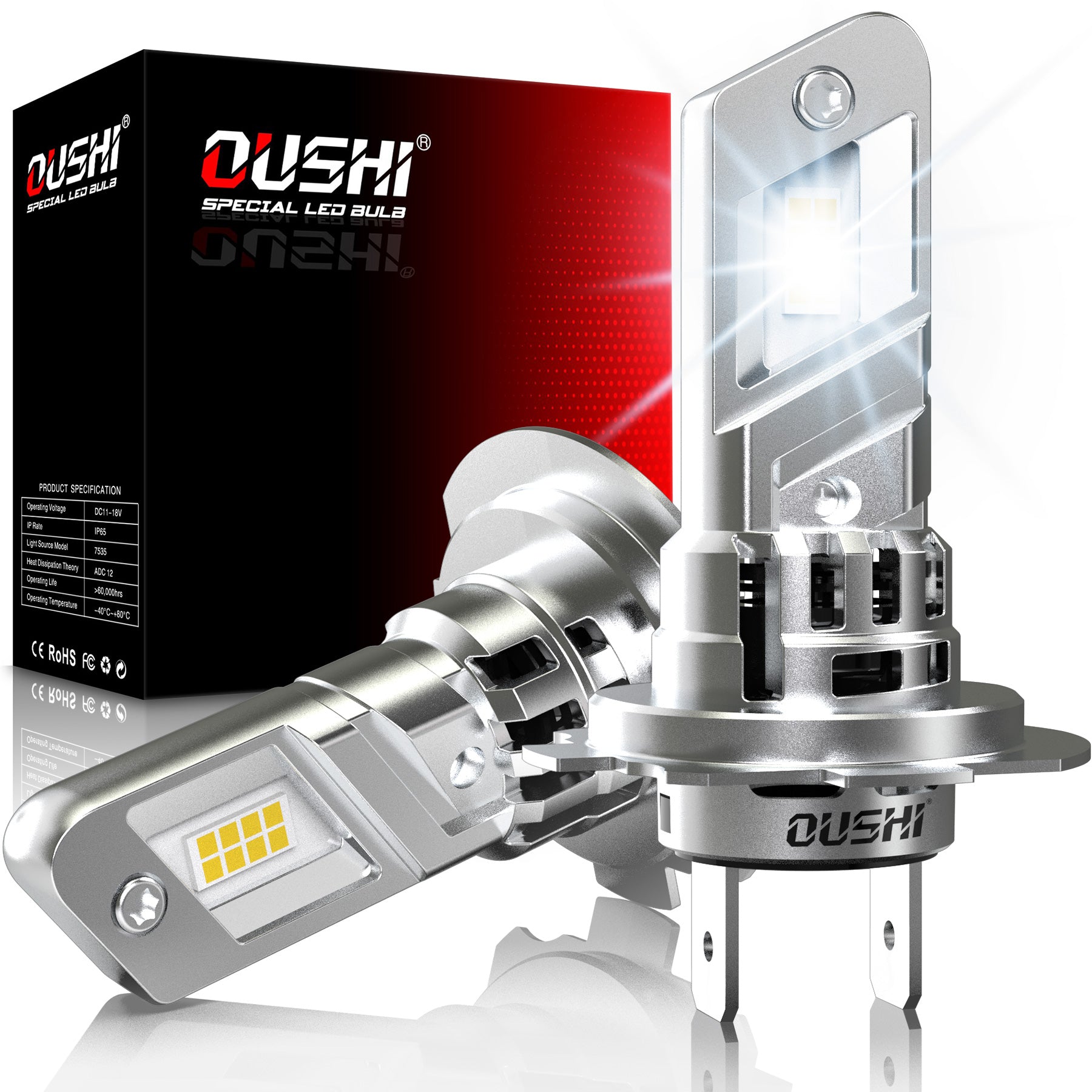 OUSHI Ampoules LED H7 pour phares, amélioration 600 %, blanc xénon 6500 K, taille mini 1:1, 30 000 lm, plug & play, pack de 2