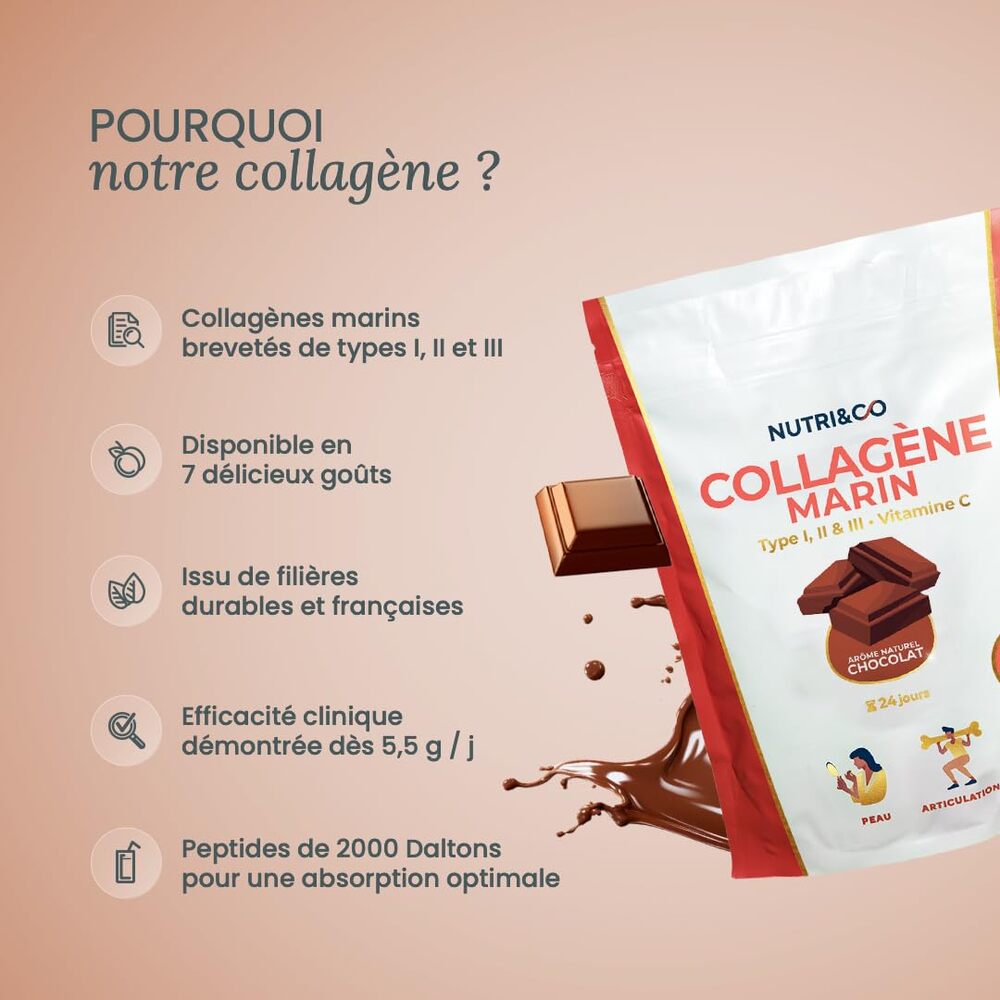 Nutri&Co Collagène marin type 1, 2 et 3 - goût cacao - 240 g
