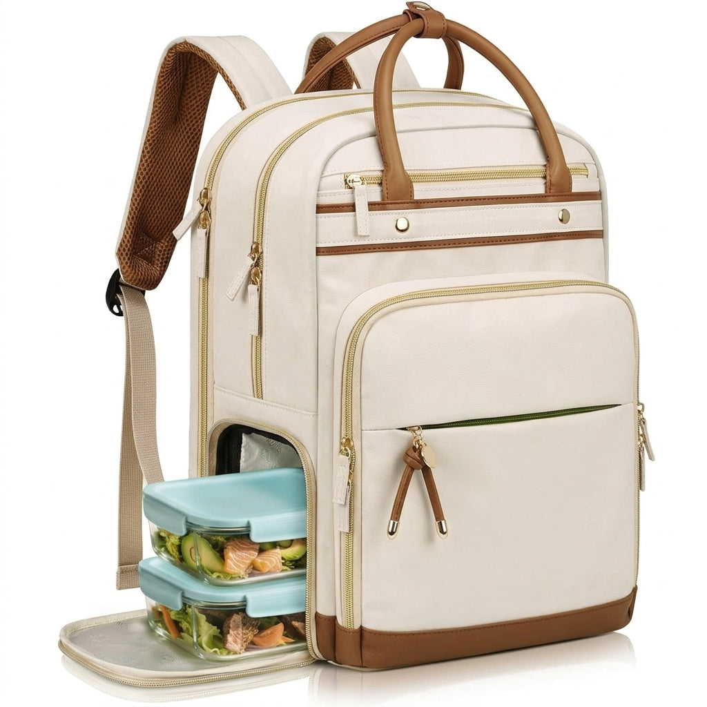 Sac de travail, sac à dos pour ordinateur portable 15,6 pouces pour femme, avec compartiment à repas détachable, port USB et poche organisée, beige