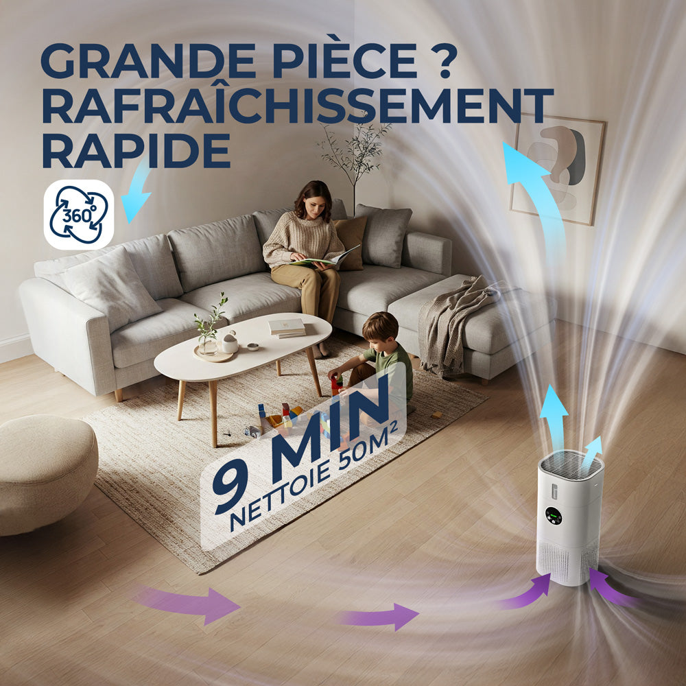 ROUNY Combo purificateur d'air et humidificateur 2-en-1, filtre HEPA H13, CADR 150 m³/h, couverture 20-50 m², mode veille ≤25 dB, affichage de la qualité de l'air