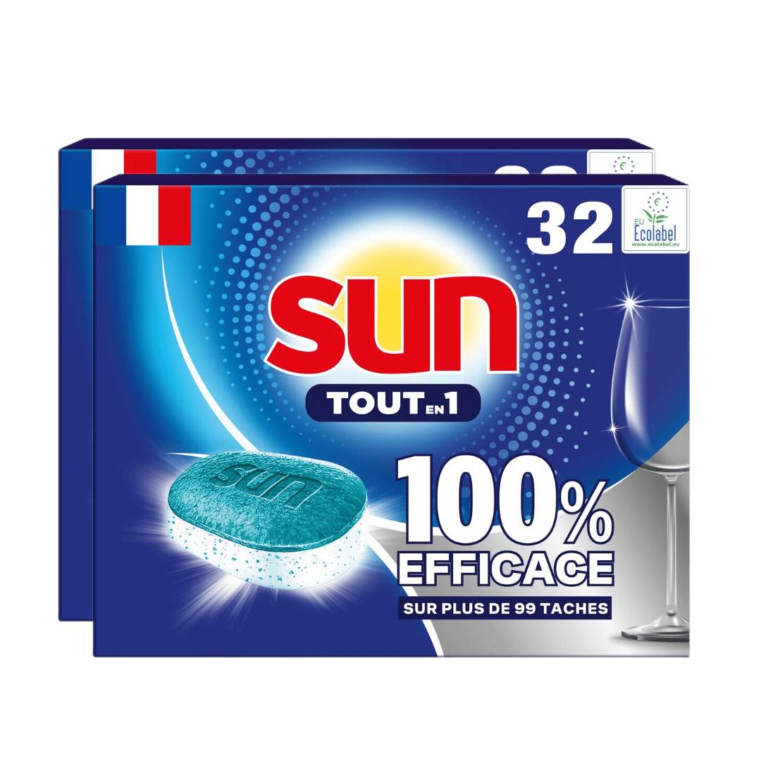 Sun Tout-en-1 Tablettes Lave-Vaisselle Anti-Calcaire & Liquide de Rinçage 2 x 32 Tablettes (= 64 Tablettes) (64 Lavages)