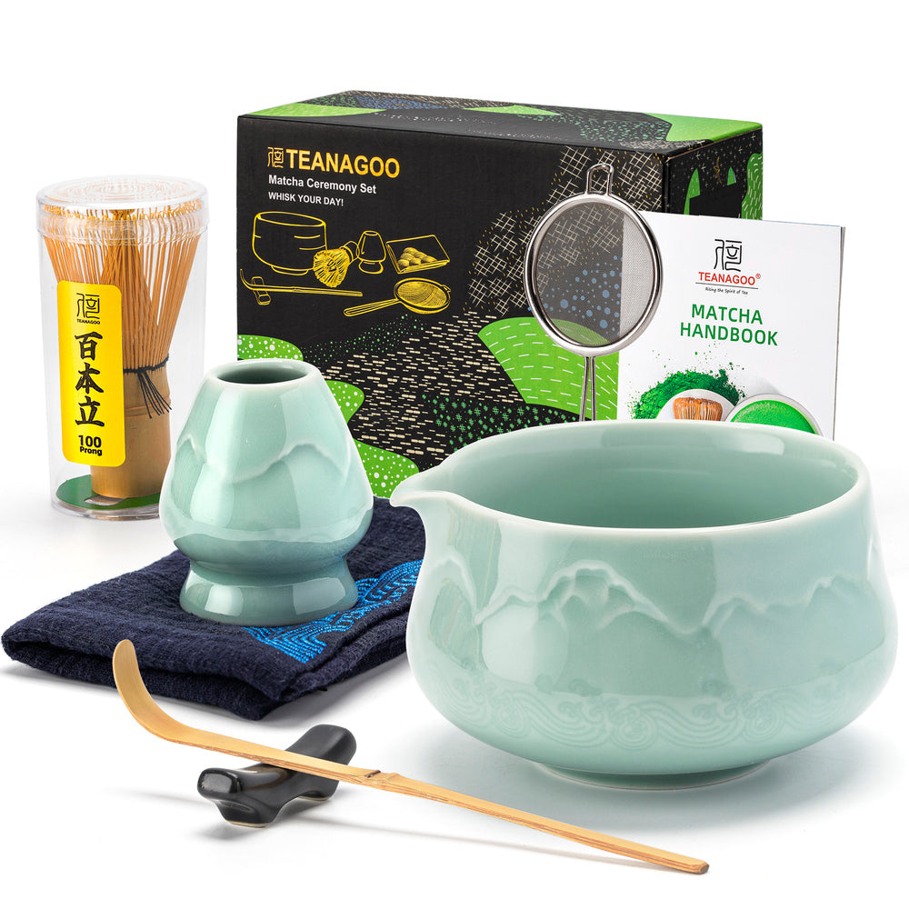 TEANAGOO Set de cérémonie du matcha en céramique 7 pièces avec fouet, bol, cuillère doseuse et tamis pour préparation de latté, cadeau pour amateurs de matcha