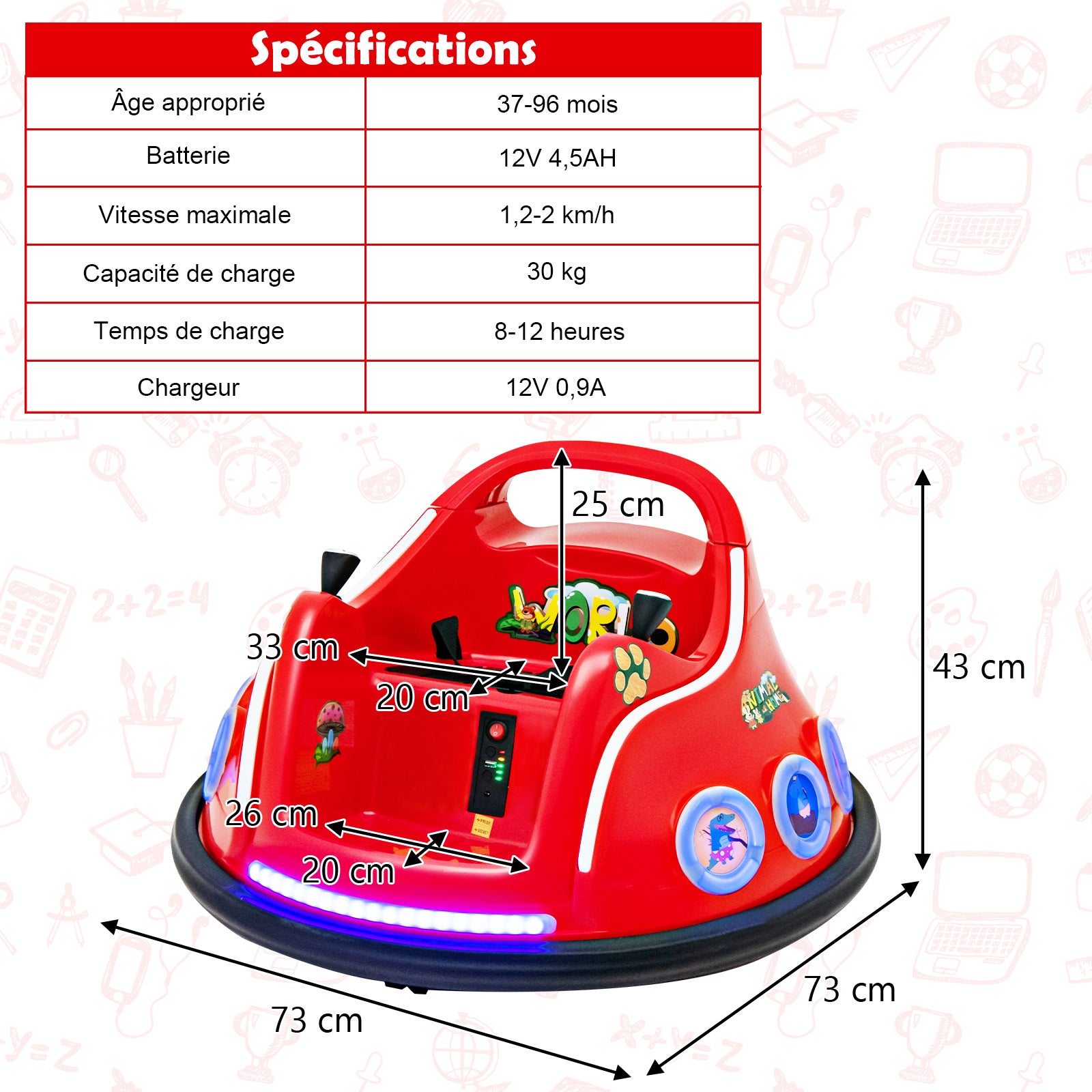 Voiture de course pour enfants 12 V, rotation à 360 degrés, avec musique, lumières et télécommande, rouge
