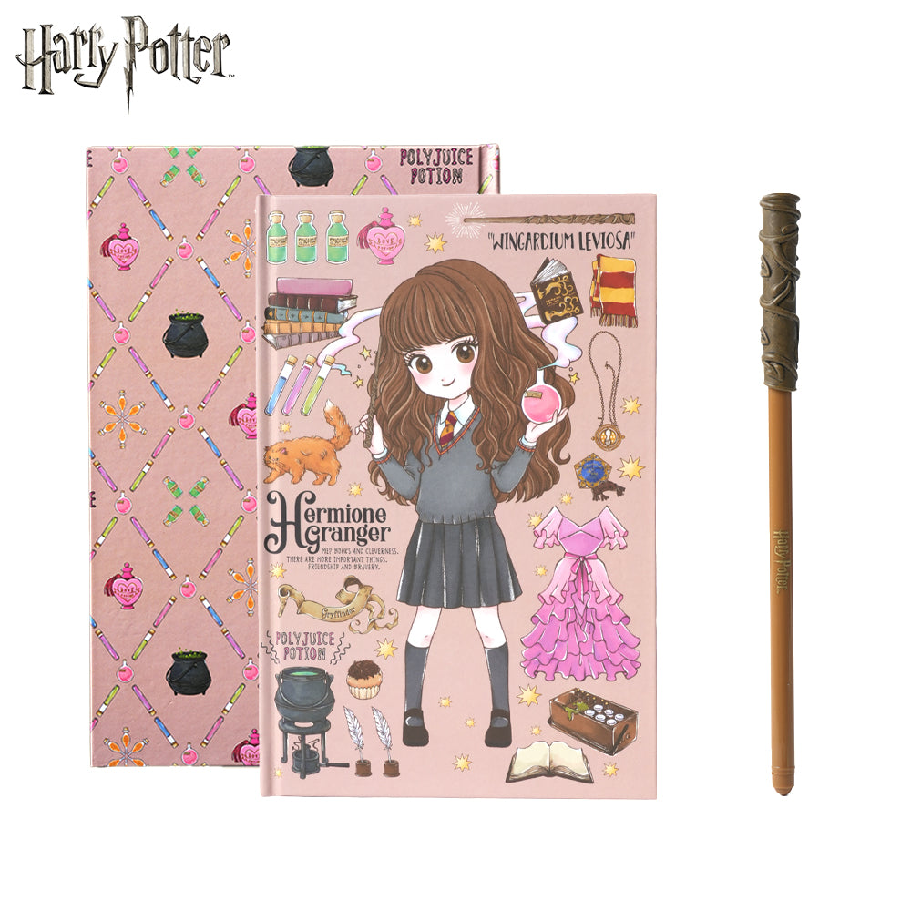 Warner Bros. Lot de 2 pièces Harry Potter Hermione Granger style chibi, ensemble carnet et stylo baguette, papeterie Monde des sorciers sous licence officielle, cadeau collection thématique exclusive