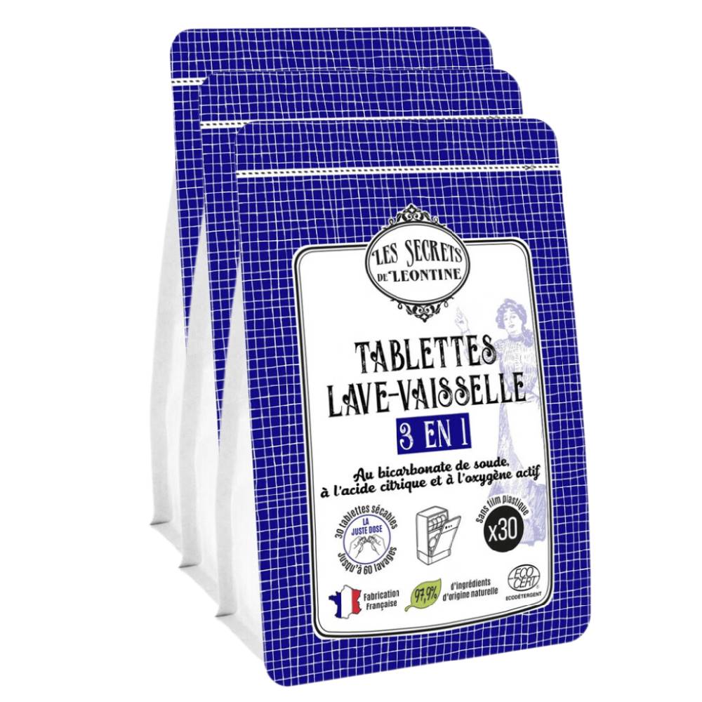 LES SECRETS DE LEONTINE Tablettes Lave-Vaisselle 3 en 1, Bicarbonate de Soude, Acide Citrique & Oxygène Actif, Sans Parfum, 3 x 30 Lavages (= 90 Lavages), 90 Tablettes