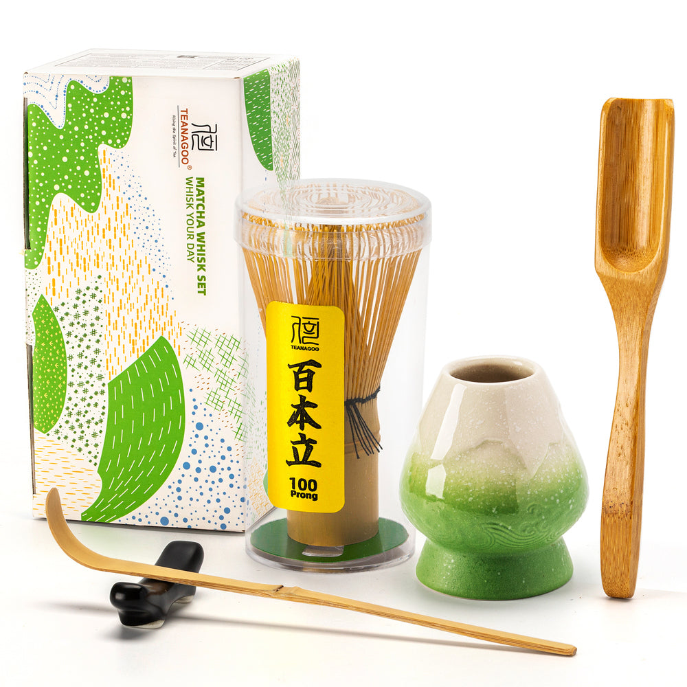 TEANAGOO TG-I7 Ensemble de fouet à matcha 6 pièces avec Chasen en bambou 100 brins, Porte-fouet vert, Cuillère-pelle Chashaku et Tamis à matcha