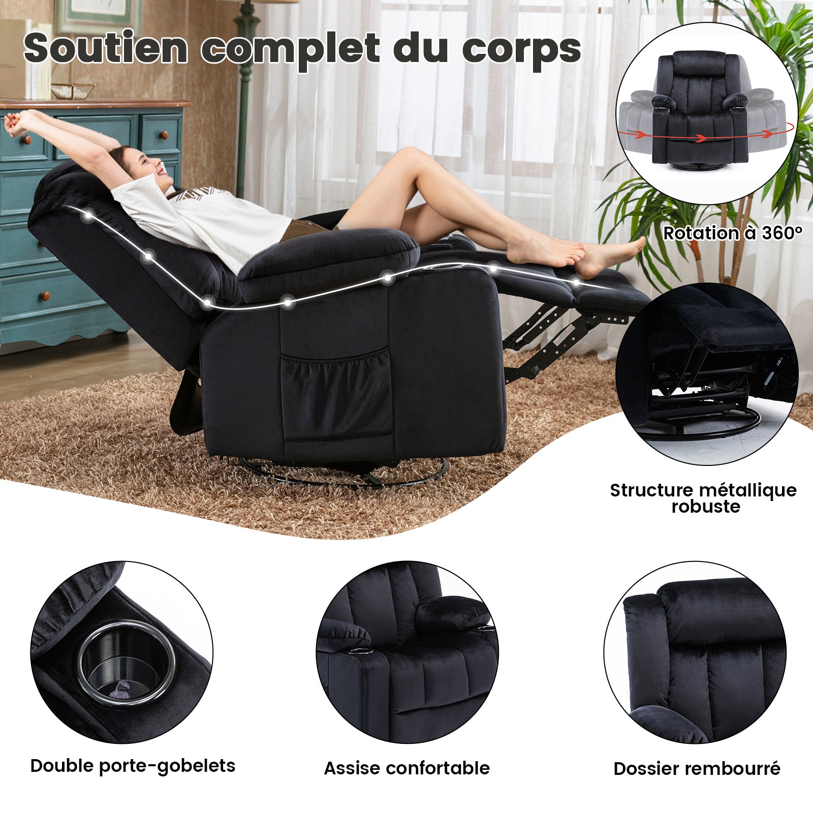 COMHOMA Chaise de relaxation manuelle pivotante pour adultes avec dossier réglable et repose-pieds, chaise longue 361° pour salon, porte-gobelet, poches latérales, tissu doux, ergonomique, noir