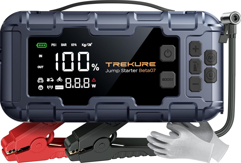 TREKURE Beta07 Démarreur de secours pour voiture 6000 A avec compresseur d’air 160 PSI, booster de batterie portable 12 V avec charge rapide PD 45 W, écran intelligent 3,3 po