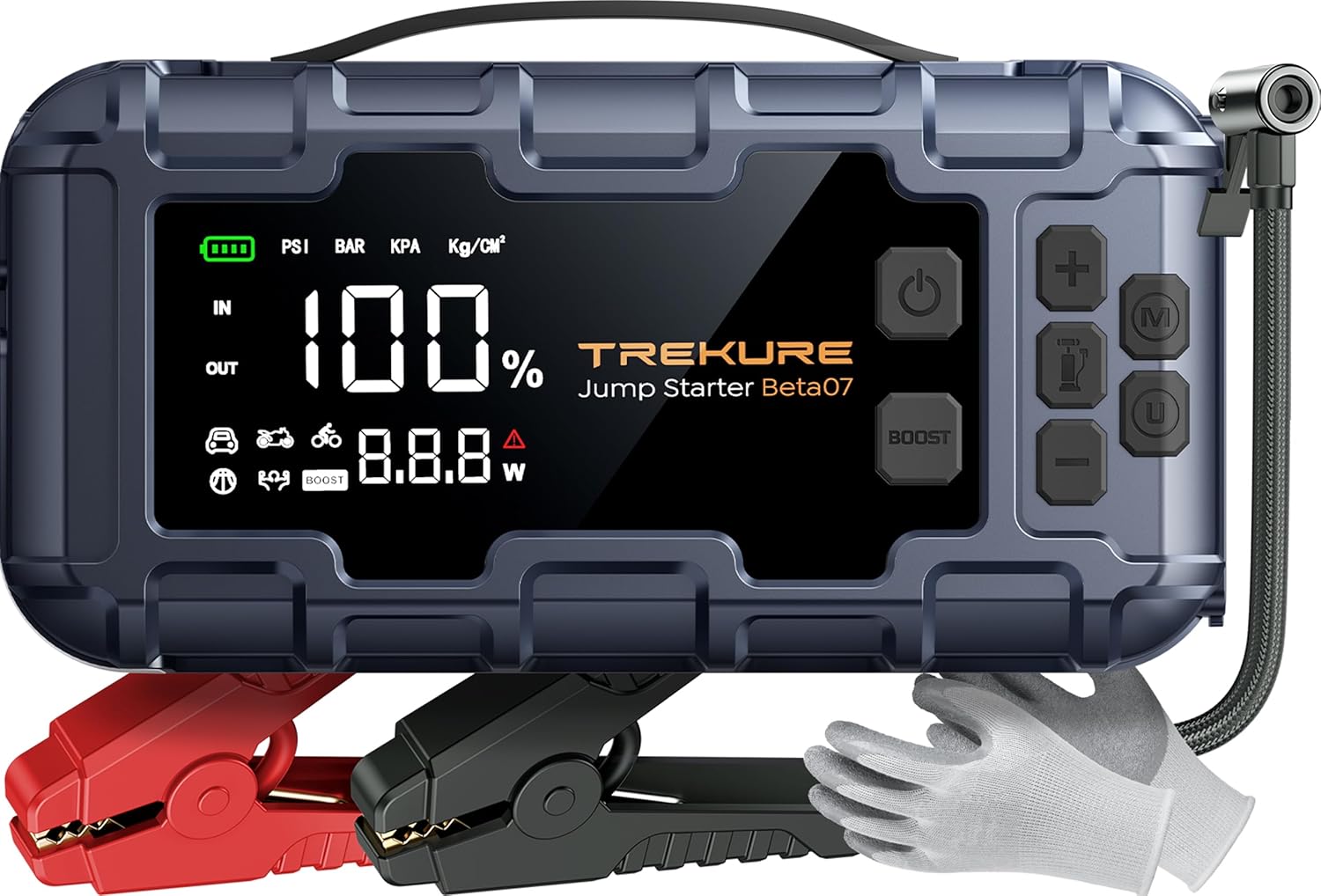 TREKURE Beta07 Démarreur de secours pour voiture 6000 A avec compresseur d’air 160 PSI, booster de batterie portable 12 V avec charge rapide PD 45 W, écran intelligent 3,3 po