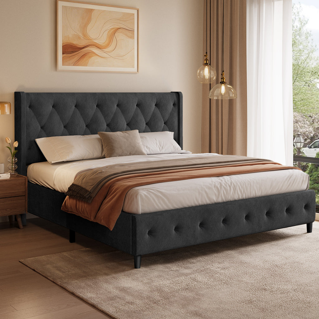 GTIMEX Lit capitonné 140x200 cm avec sommier à lattes, Capacité de charge statique : 390 kg, Lit double avec tête de lit capitonnée, Sommier à lattes en bois massif, Facile à assembler, Design moderne, Cadre robuste, et revêtement en velours de haute
