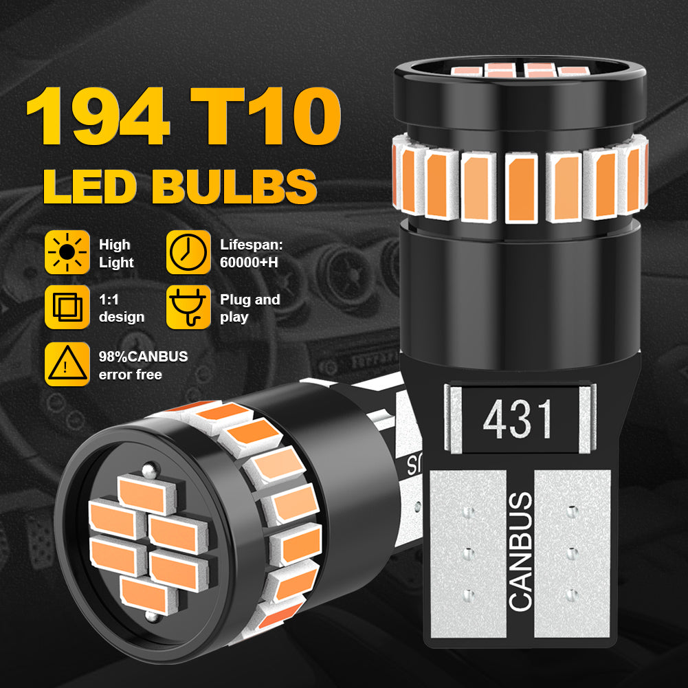 KATUR 194 168 2825 Ampoules LED W5W T10 24 SMD, compatible CANBUS sans erreur, pour plaque d’immatriculation, forme convexe, 3014 (4 pièces, jaune ambré)