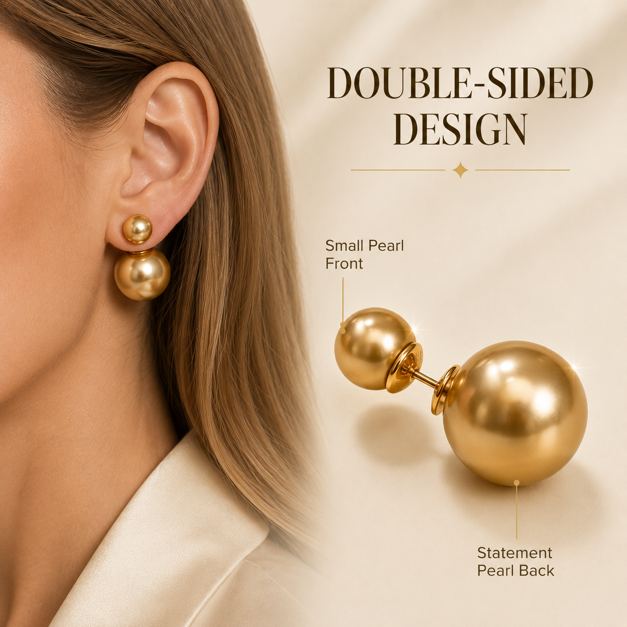 VoxorAI Boucles d'oreilles classiques à double perle dorées avec deux perles des deux côtés, luxe léger, haute couture, nouveautés de niche 6 mm et 14 mm
