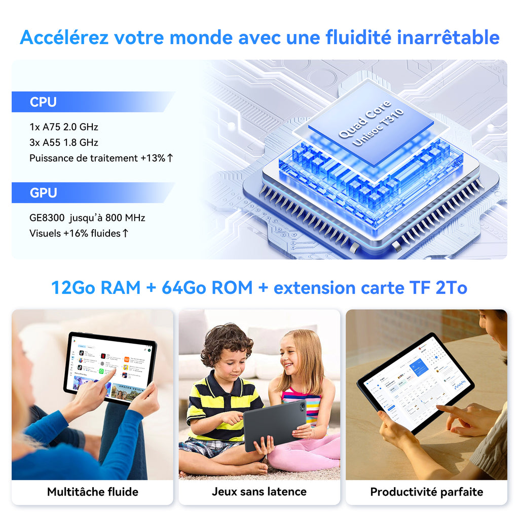 TABWEE T80 Tablette Android 16, 10,5 pouces, 12 Go (4 + 8) de RAM + 64 Go de ROM, résolution de 1280 x 800 pixels
