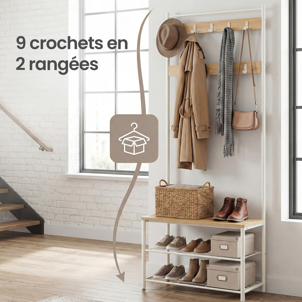 JOYFURNOS Portemanteau, Vestiaire d'entrée avec banc de rangement pour chaussures, 32 x 70 x 177 cm, Industriel, Naturel et blanc