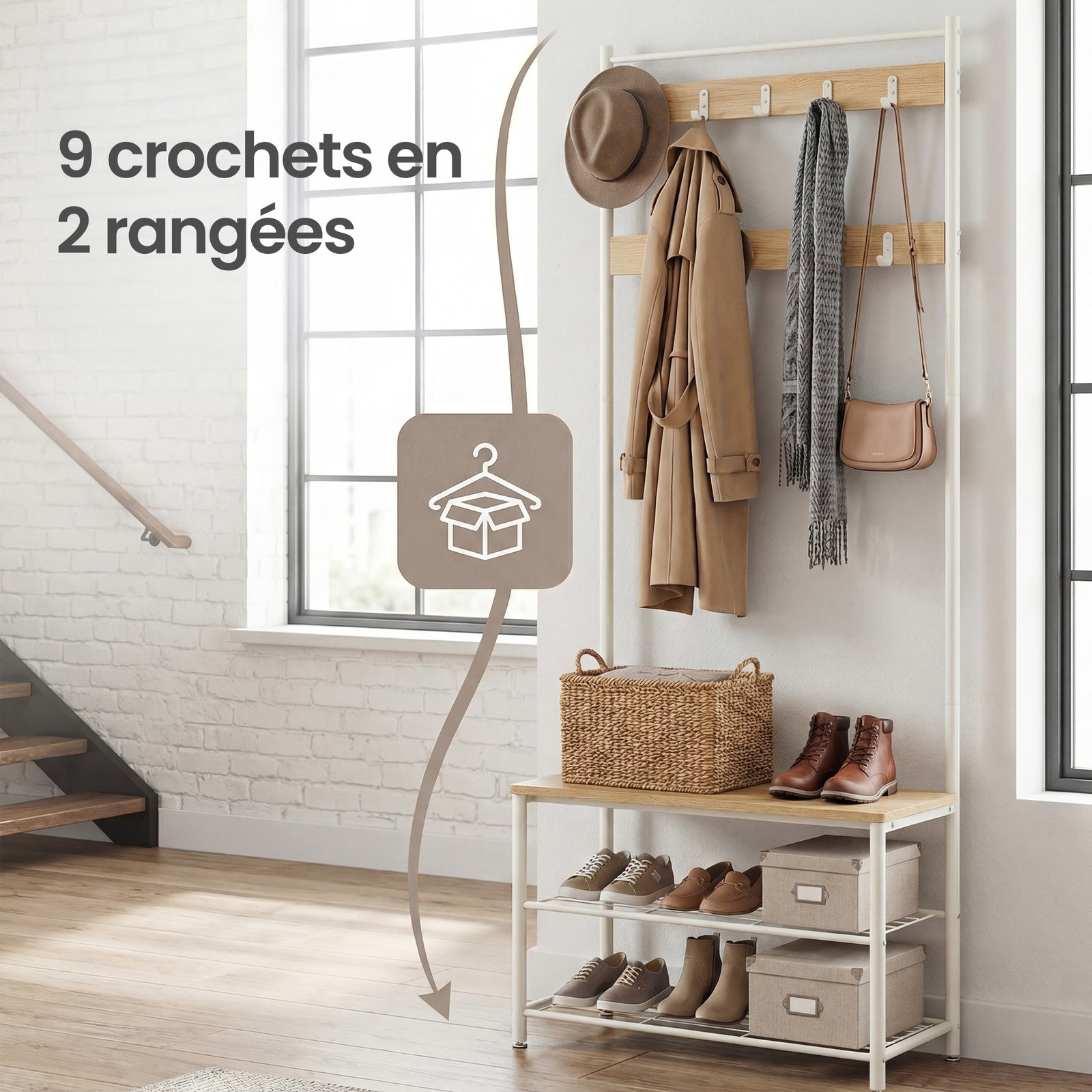 JOYFURNOS Portemanteau, Vestiaire d'entrée avec banc de rangement pour chaussures, 32 x 70 x 177 cm, Industriel, Naturel et blanc