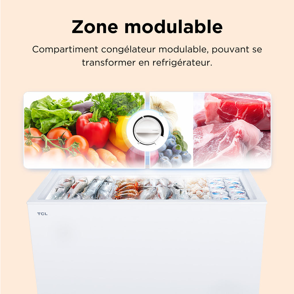 TCL CF126EWE0FR Congélateur avec panier de rangement, charnière de couvercle, thermostat réglable, pieds réglables, classe énergétique E - 98 L