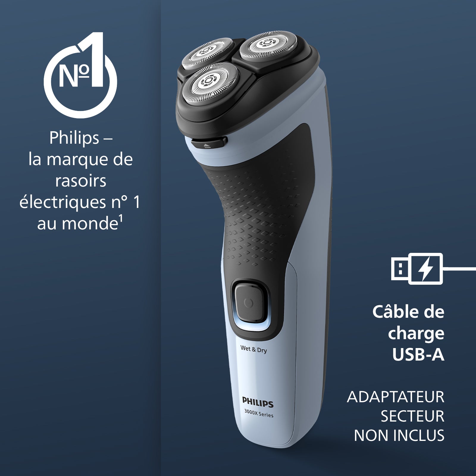 Philips Series 3000X X3003/00 Rasoir électrique avec 27 lames PowerCut, têtes flexibles 4D, rasage humide & sec, tondeuse rétractable, charge rapide - Bleu