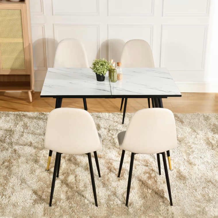 Table à Manger Extensible Urban Meuble en Motif Marbre Blanc 120-160x80x75cm