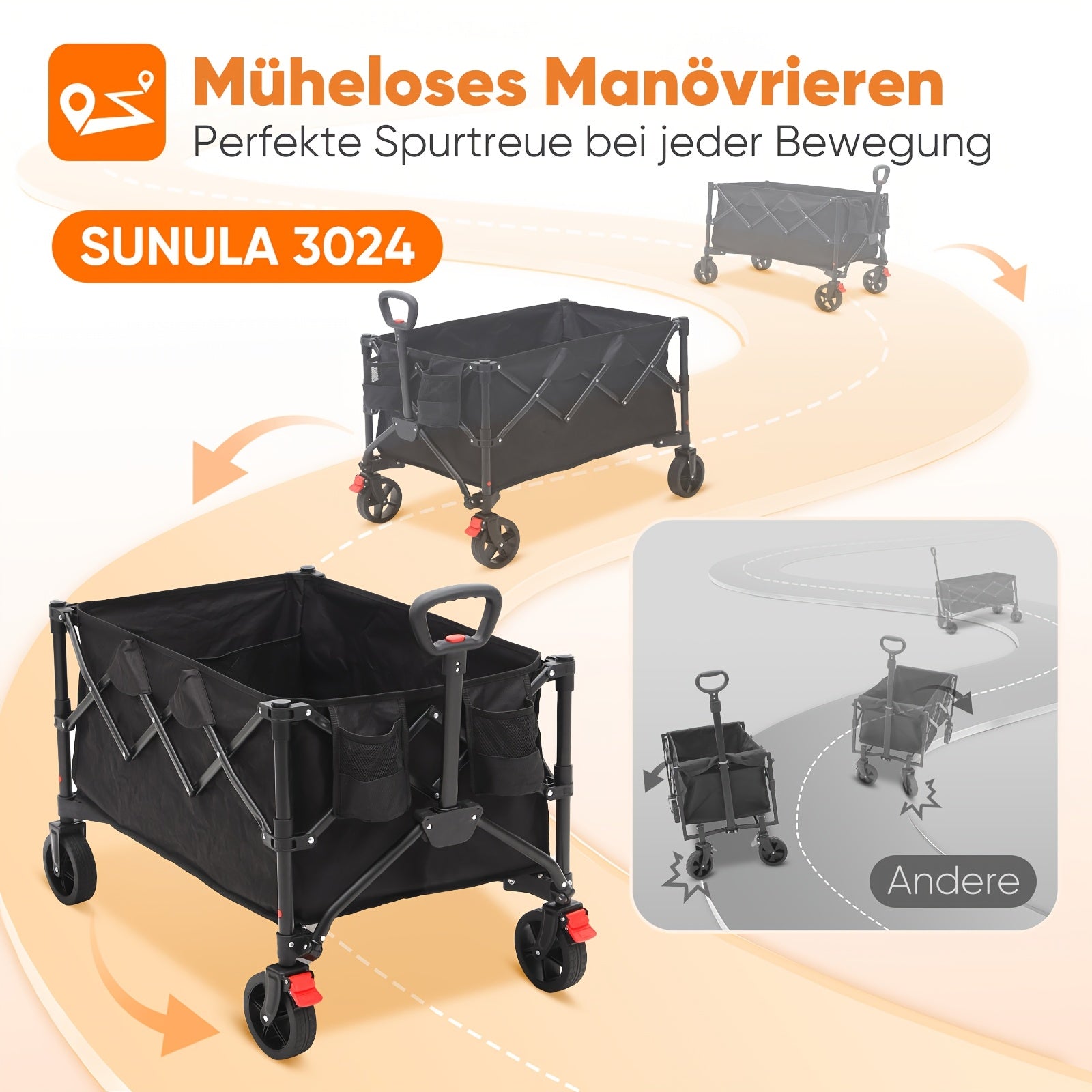 Chariot de transport pliable avec poignée à un clic, roues tout-terrain et freins 120 kg 150 L - Noir