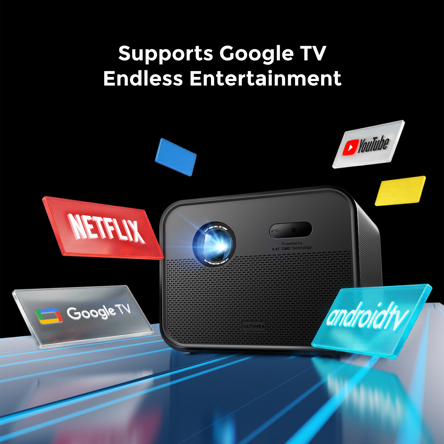 ULTIMEA Native Full HD 1080P | Vidéoprojecteur DLP Compatible 4K, 1800 Lumens ANSI, 1920 x 1080 px, Google TV, Image 3D Active, Autofocus & Correction Trapézoïdale Auto 6D