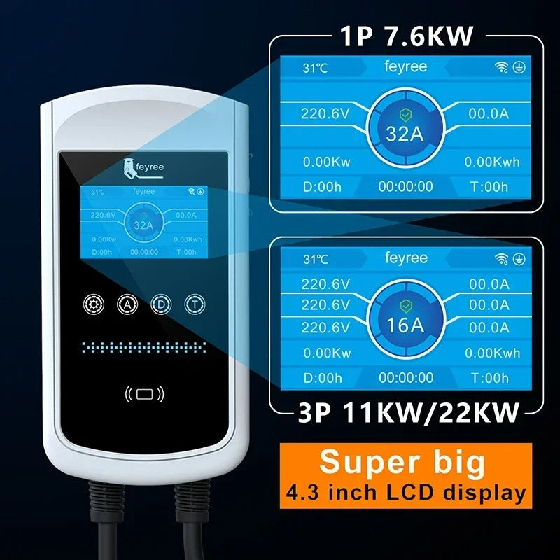 Feyree Chargeur pour véhicule électrique Type 2 32 A 7,6 kW, Station de charge, Chargeur voiture électrique, Équipement d’alimentation pour véhicule électrique, Borne murale