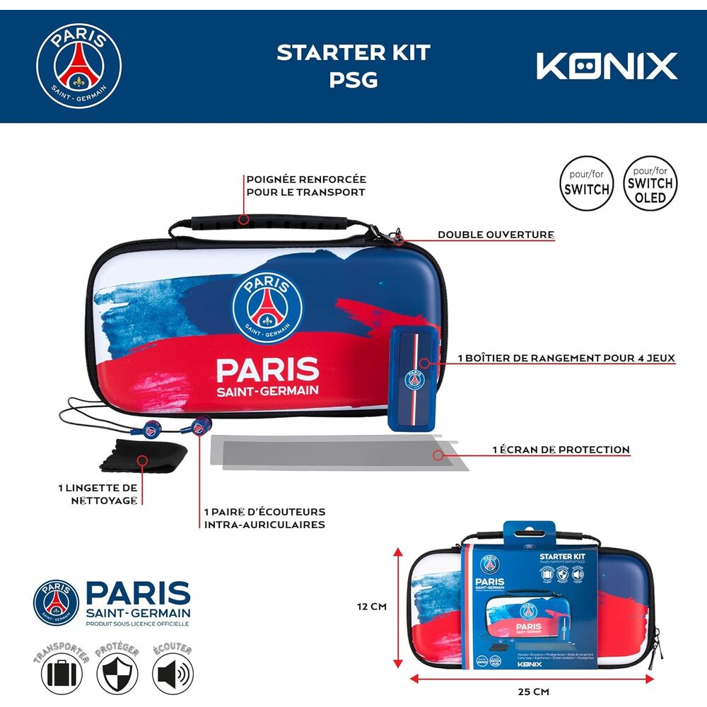 KONIX PSG Pack d'accessoires gaming Starter Kit Nintendo Switch, Switch Lite et Switch OLED - Housse - Verre trempé - Boîtier jeux - Écouteurs