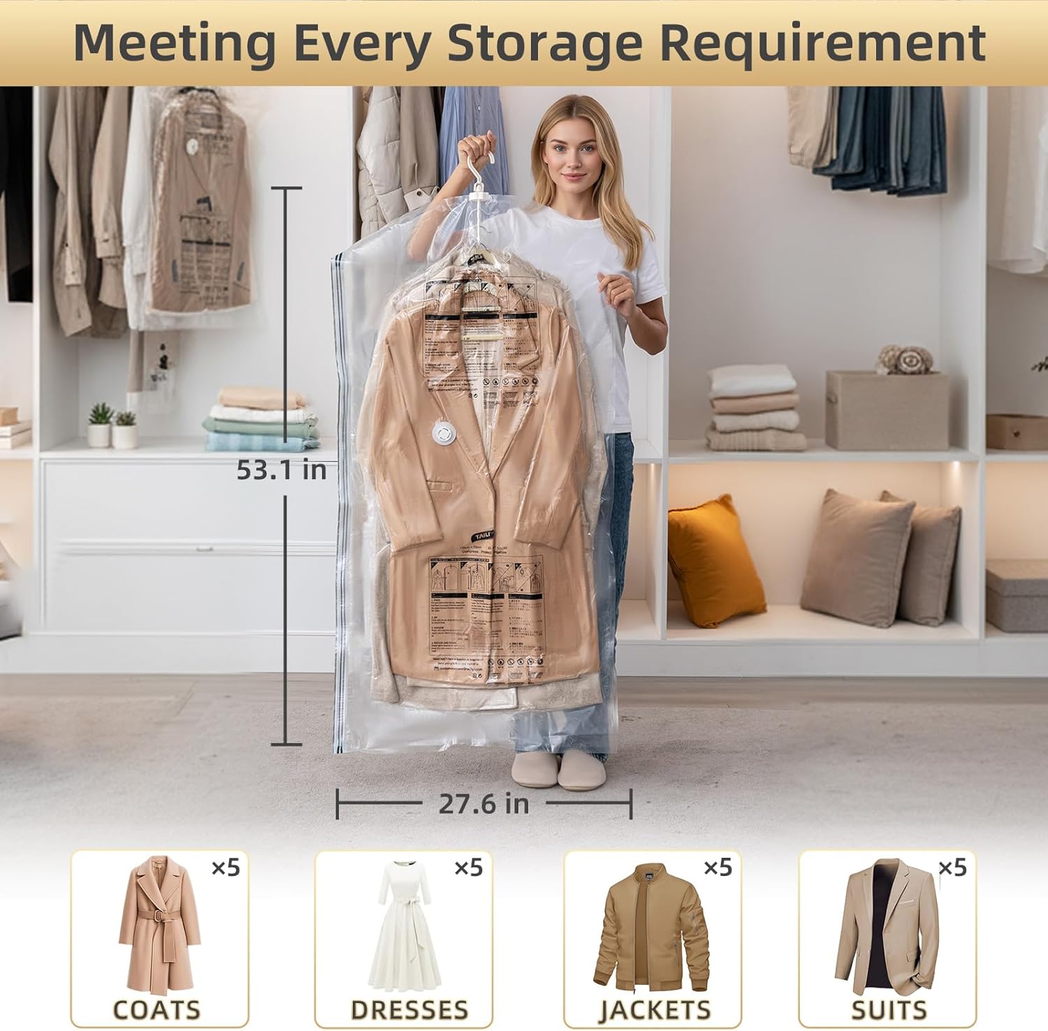 Taili Sacs de rangement sous vide à suspendre gain de place pour vêtements, costumes, manteaux ou vestes, lot de 4 Jumbo 53 x 27,6 pouces, Transparent